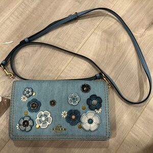 Coach Hayden Foldover Crossbody Denim Leather Clutch Handbag Tea Rose Appliqué
